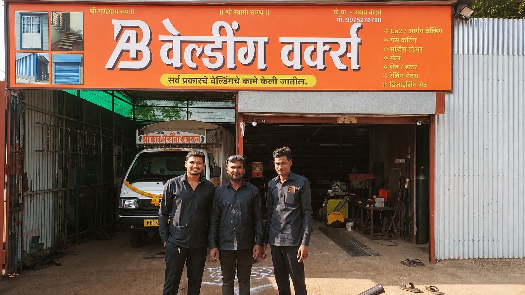 AB Welding Work shop front and team in Kikvi, Taluka Bhor, Pune district